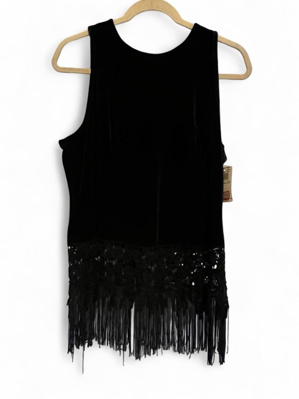 Papell Boutique Black Velvet Evening Top with Lace Trim beaded fringe button 14